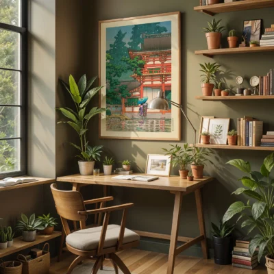 Japanese wall art hanging in office, red shrine with green trees and rain details