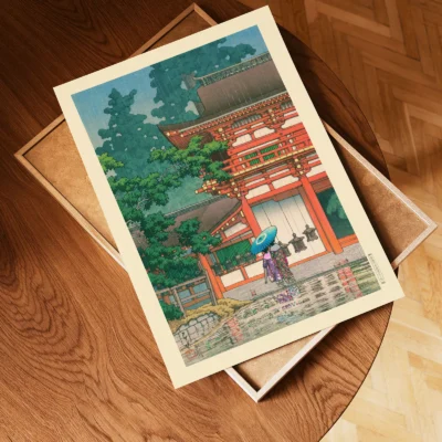 Unframed Japanese wall art showing shrine and umbrella in rainy weather on tray