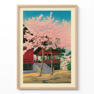 Japanese vintage poster showing cherry blossoms and red Kiyomizu Hall in wooden frame