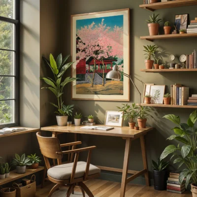Japanese vintage poster in home office, red temple among blooming cherry trees