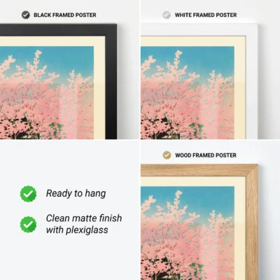 Japanese vintage poster in wood, white, and black frame options with matte finish