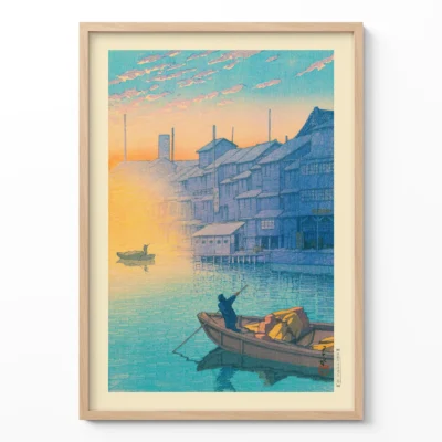 Japanese retro poster of boat on river at sunrise in Osaka's Dotonbori by Kawase Hasui