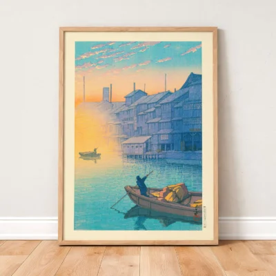 Japanese retro poster leaning on wall, peaceful Osaka riverfront in warm morning tones