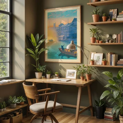 Japanese retro poster of Morning at Dotonbori styled in home workspace