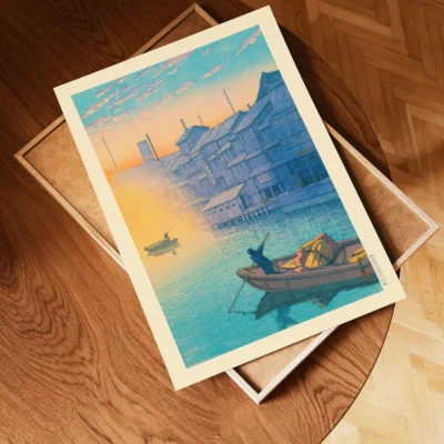 Unframed Japanese retro poster laid on wooden tray, boat scene at Dotonbori