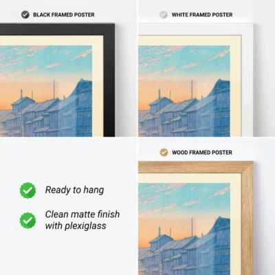 Japanese retro poster framed in black, white, and wood options with matte finish