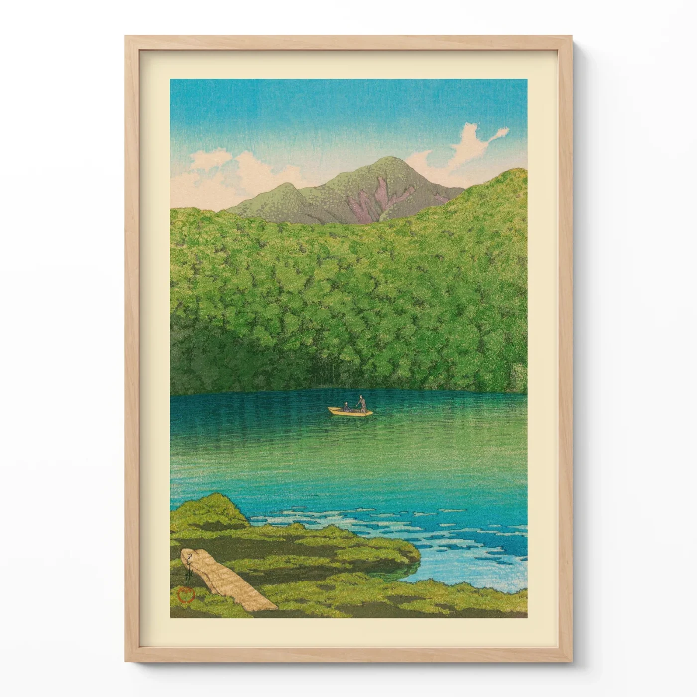 Vintage Japanese poster of Tsutanuma Pond in morning light by Kawase Hasui
