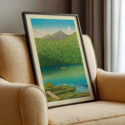 Framed vintage Japanese poster on armchair, lake and mountains at sunrise