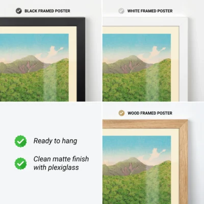 Framed vintage Japanese poster with wood, white, and black options