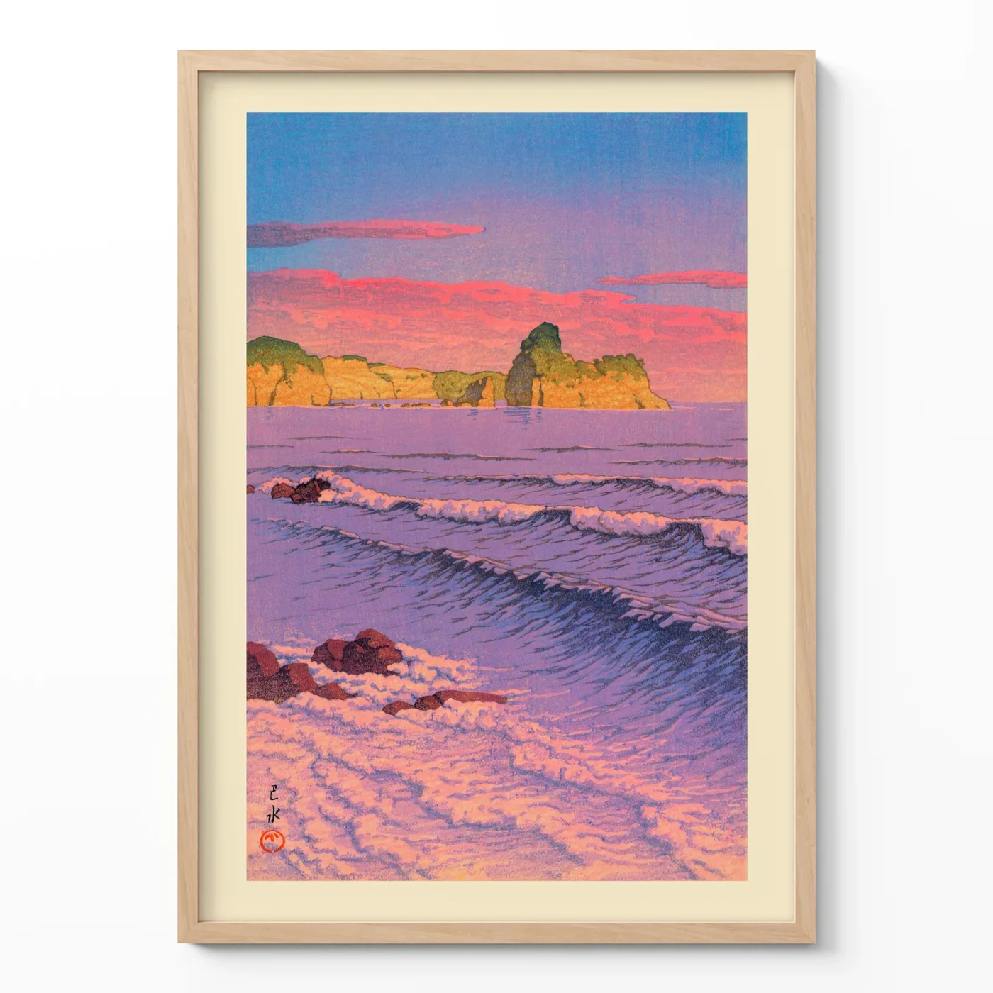 Kawase Hasui poster of Morning Sea at Shiribeshi with pink sky and waves