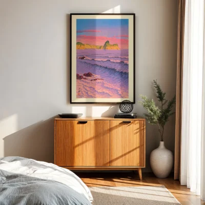 Morning Sea at Shiribeshi poster by Kawase Hasui styled in minimalist room