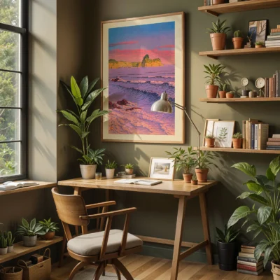 Japanese Kawase Hasui poster hanging in home office space