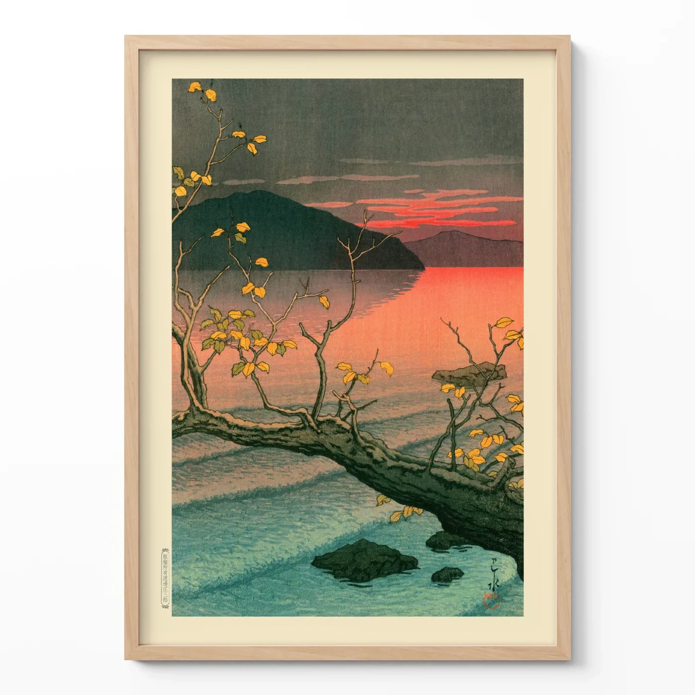 Hasui Kawase poster showing Nenokuchi Lake at sunset with blossoms