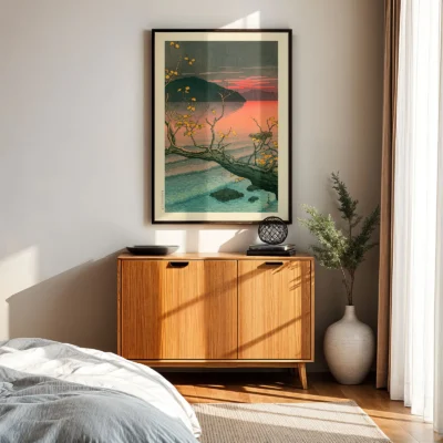 Framed Japanese Hasui Kawase print above cabinet with sunlit wall