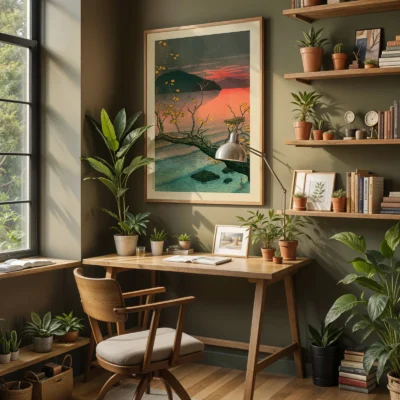 Hasui Kawase lake print in a cozy home workspace setting