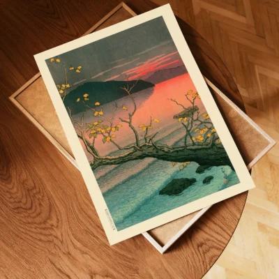 Unframed Nenokuchi Lake Hasui Kawase poster lying on tray