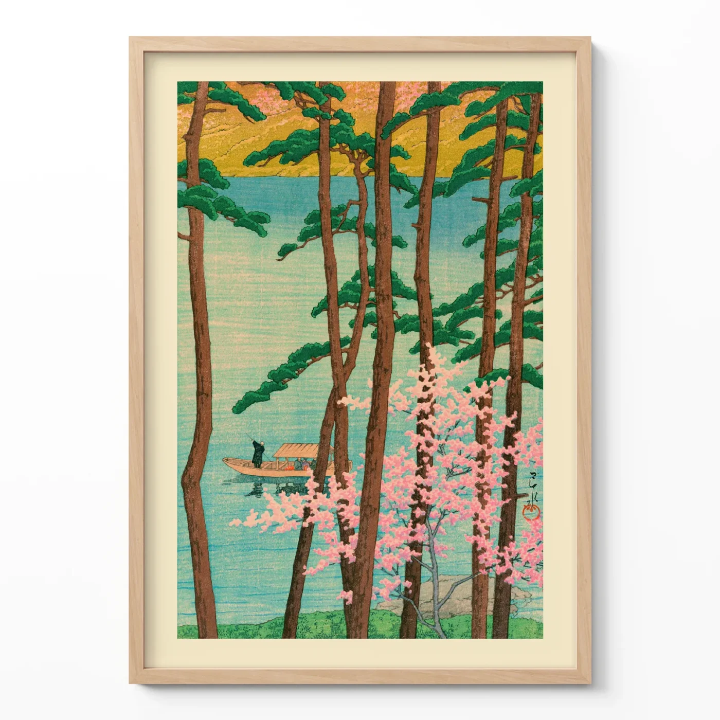 Woodblock art print of tall trees and cherry blossoms by Kawase Hasui