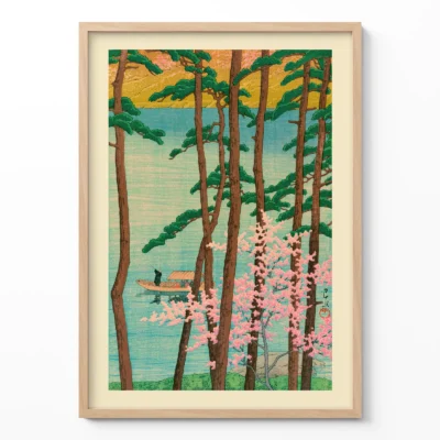 Woodblock art print of tall trees and cherry blossoms by Kawase Hasui