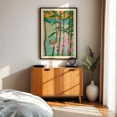 Japanese woodblock print on wall in sunlit interior