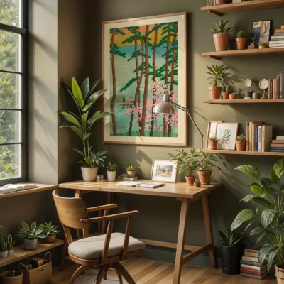 Home workspace with large woodblock print by Kawase Hasui