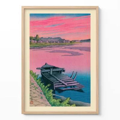 Kawase Hasui print of sunset over Akita Tsuchizaki harbor