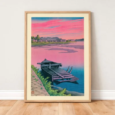 Framed Kawase Hasui sunset print with pink sky and dock scene