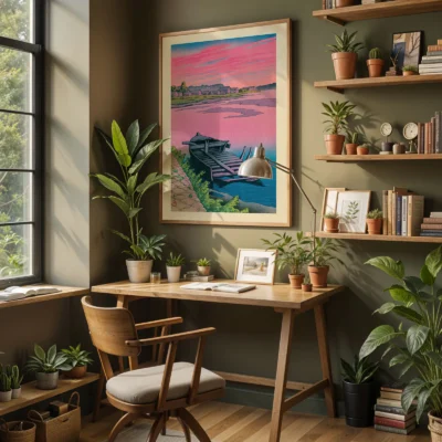 Kawase Hasui Akita Tsuchizaki print in cozy office with plants