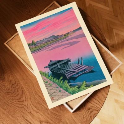 Unframed Hasui print of sunset dock and bay
