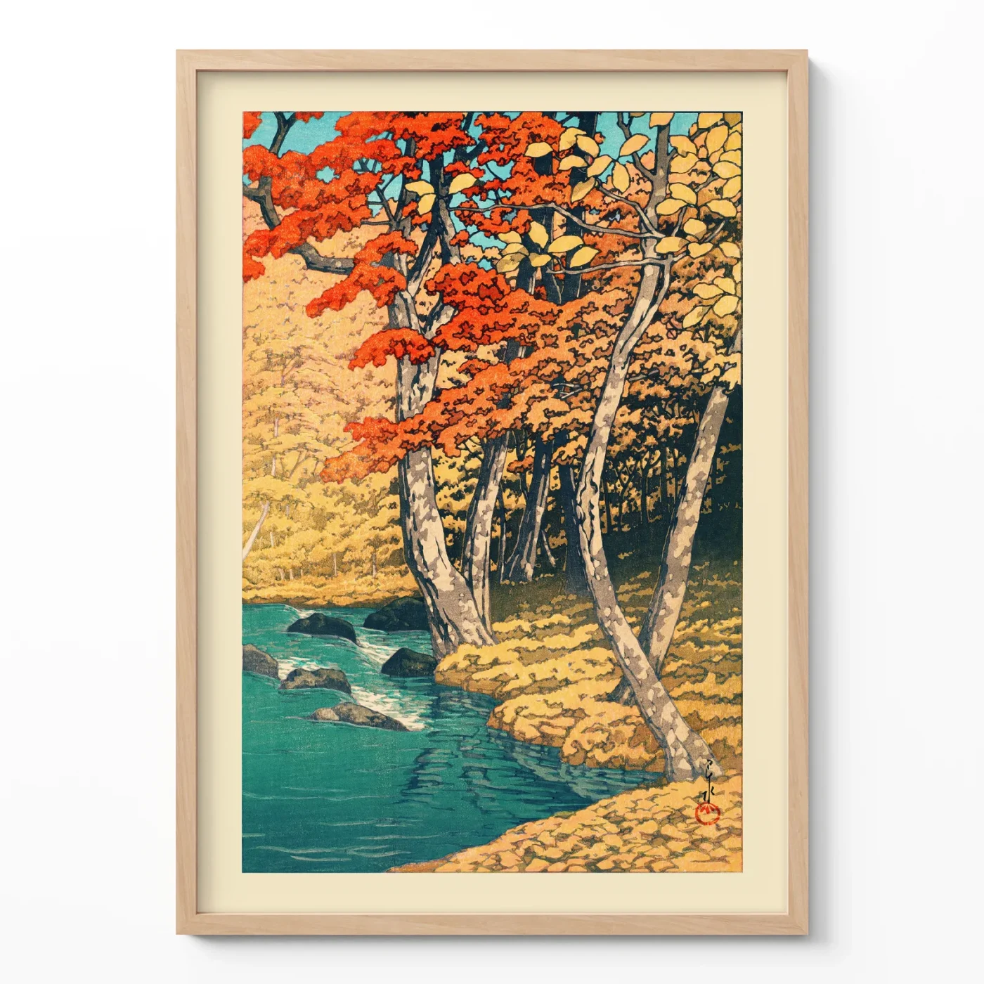 Vintage Japanese wall art print showing Oirase stream in autumn