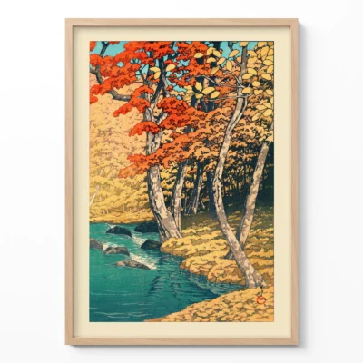 Vintage Japanese wall art print showing Oirase stream in autumn