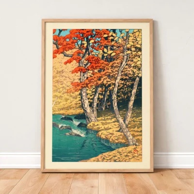 Framed vintage Japanese art print of autumn trees by water