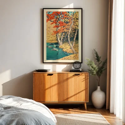 Wall-mounted Hasui vintage print in soft daylight