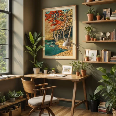 Cozy office corner with Kawase Hasui autumn wall print