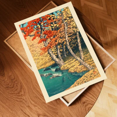 Unframed Hasui woodblock print with vivid autumn foliage