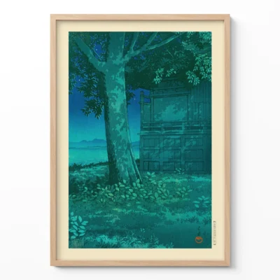 Framed Japanese landscape artwork with a quiet green lagoon and trees