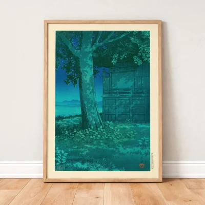 Japanese woodblock print of Hachirogata Lagoon framed on floor