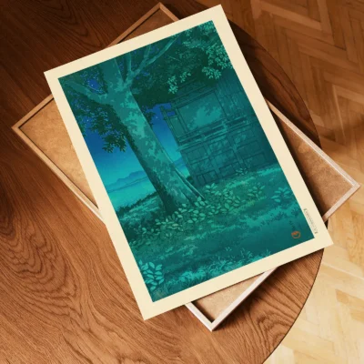 Unframed print of Japanese lagoon landscape on wooden floor