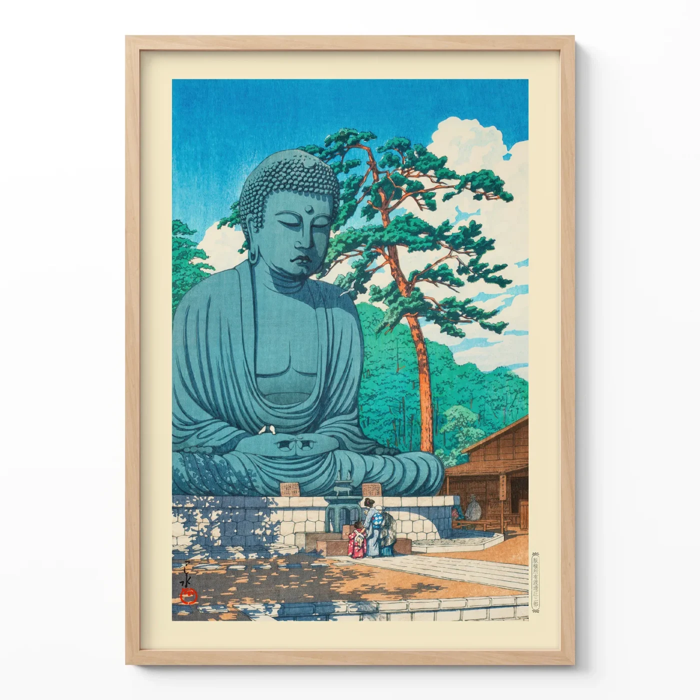 Framed Hasui print of Great Buddha under a blue sky
