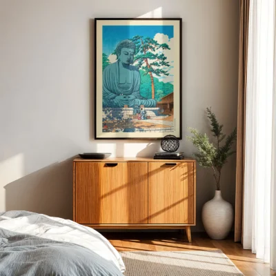 Hasui Buddha artwork hanging in a sunlit minimalist room
