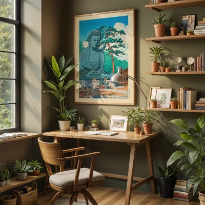 Hasui Buddha print displayed in home office with plants