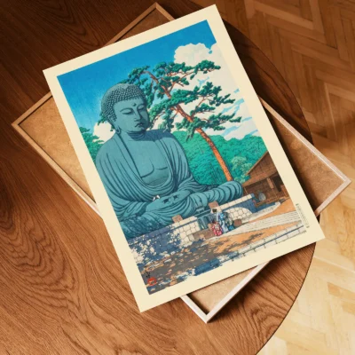 Unframed Great Buddha print by Hasui on wooden floor