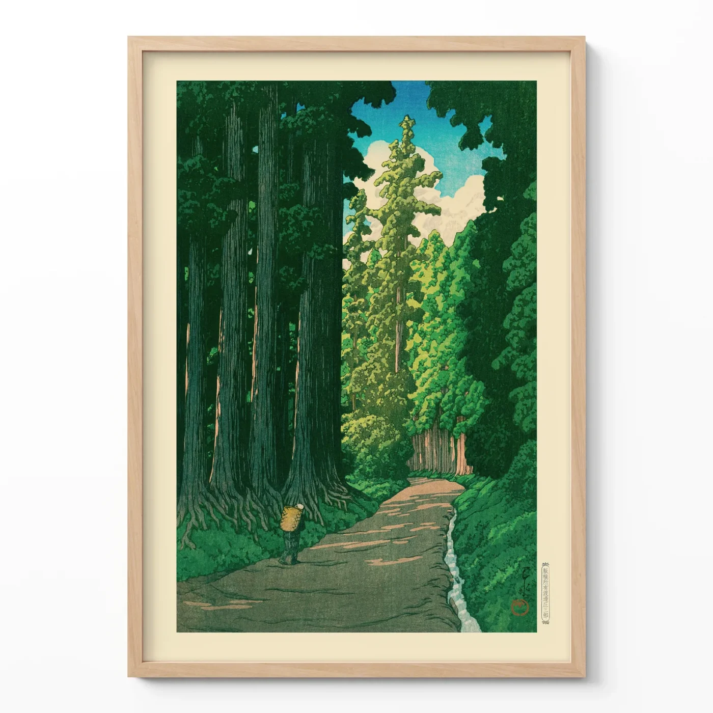 Framed Hasui print of a wooded road to Nikko
