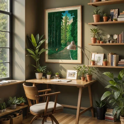 Framed forest path print in cozy home office