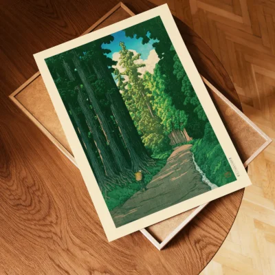 Unframed “Road to Nikko” print on wooden floor