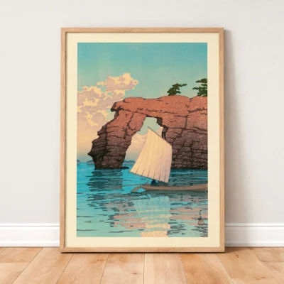 Vertical Hasui art print leaning on wall with wood floor