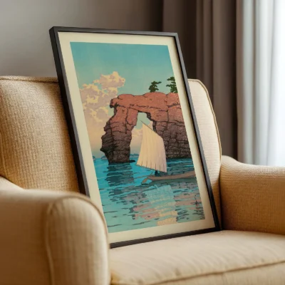 Framed Hasui “Zaimoku Island” print on armchair