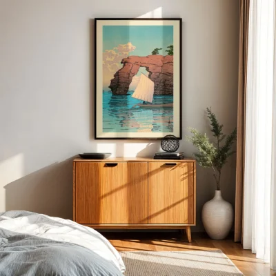 Print of Japanese cliff and sailboat in sunlit room