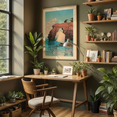 Hasui sailboat print hanging in nature-inspired study