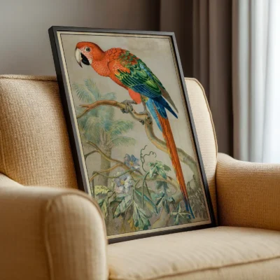 Vintage parrot print scarlet macaw poster leaning on armchair in cozy living room