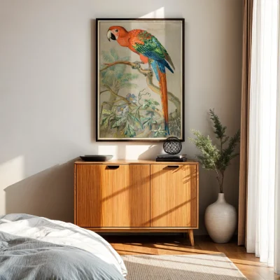 Vintage parrot print scarlet macaw poster above wooden cabinet in bright bedroom